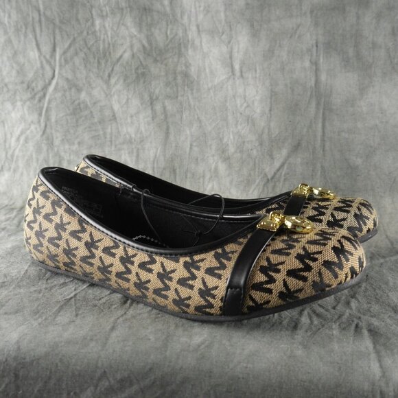 Michael Kors "Freeda" Tan/Black Monogram Ballet Flats Gold Metal Logo US 5  s304 - Picture 2 of 7